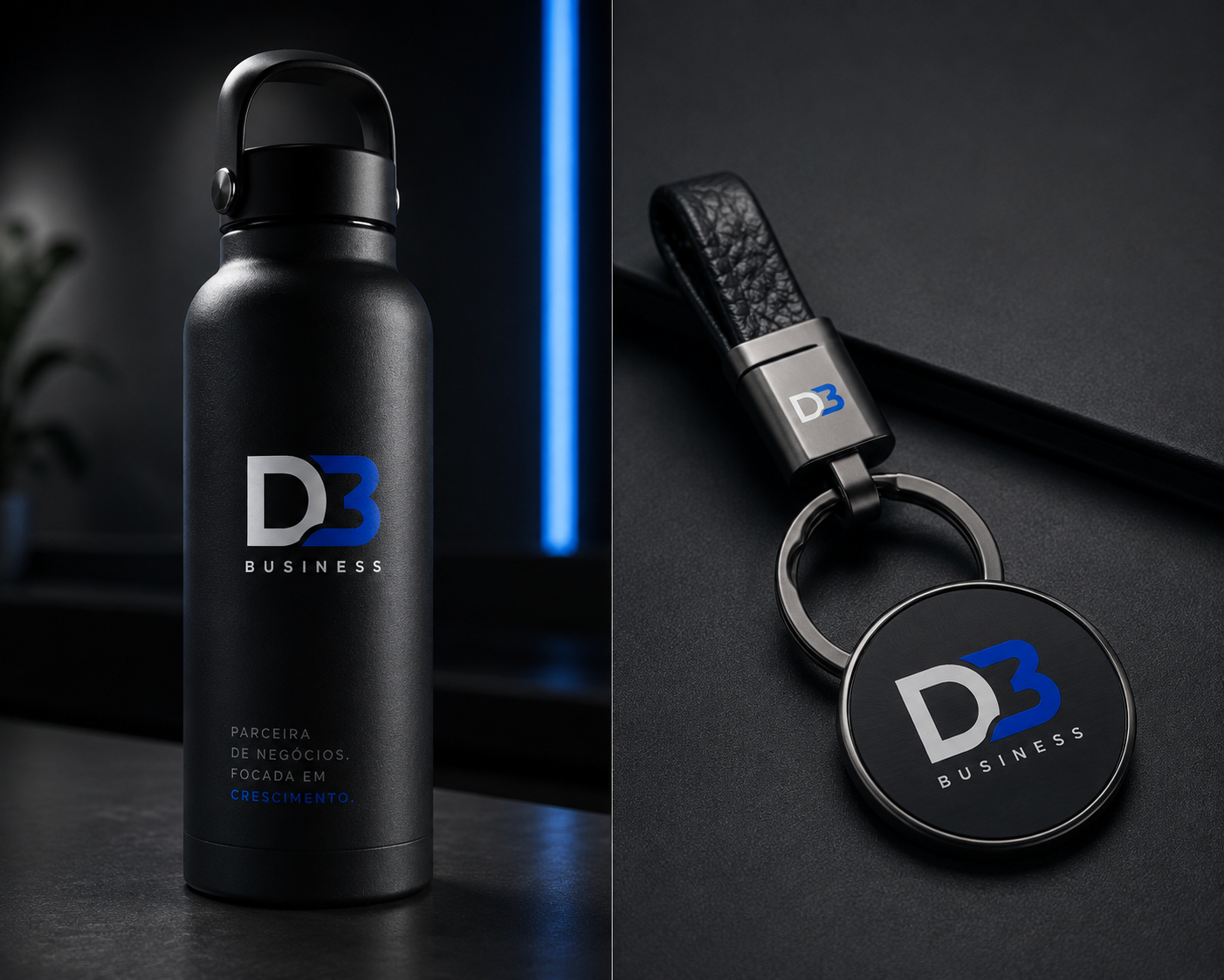 Garrafa e chaveiro com a marca D3 Business