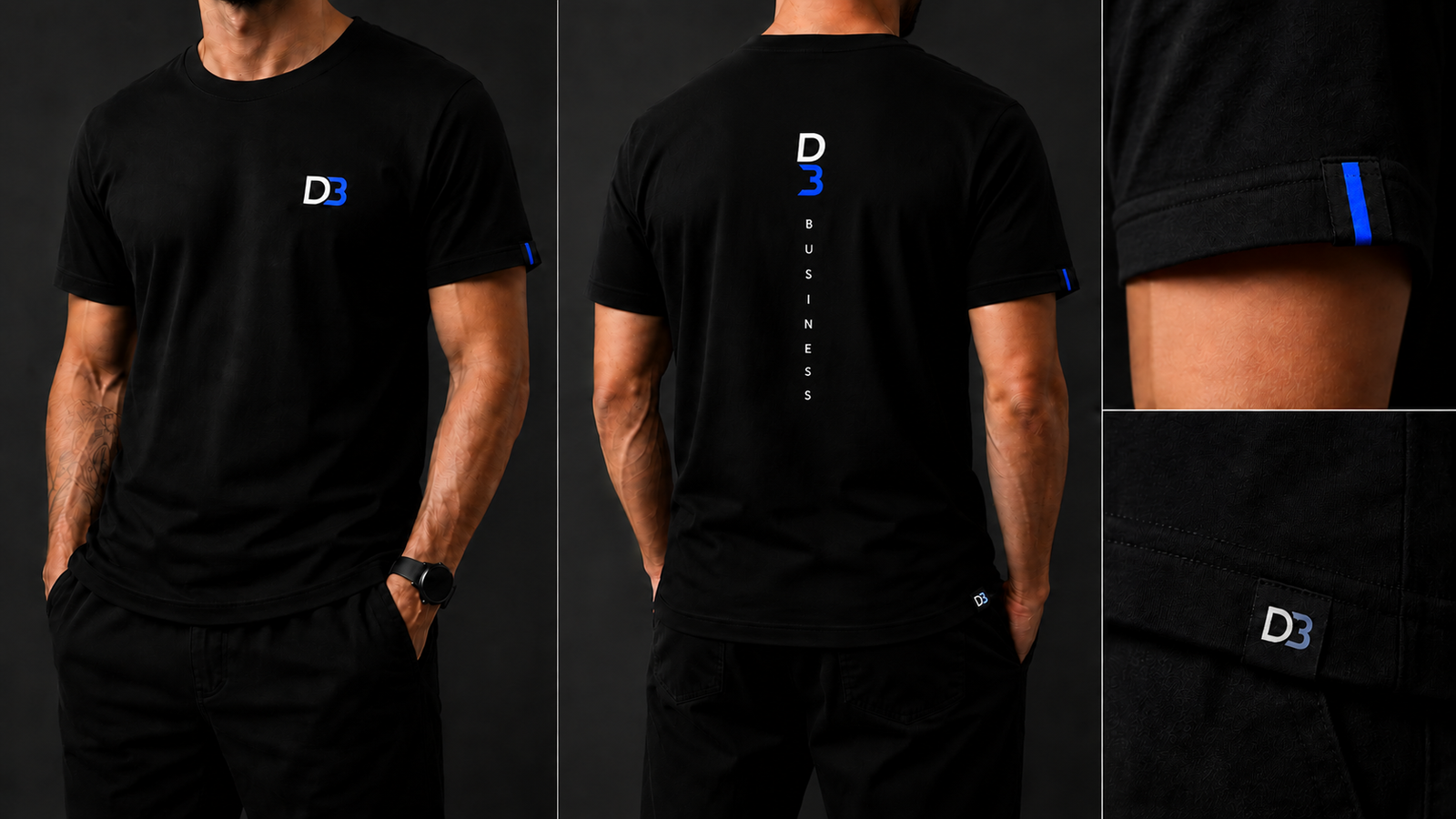 Uniforme preto da D3 Business com detalhe azul na manga